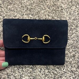 💙Gucci Blue Suede Wallet with Gold Horse Bit Hardware